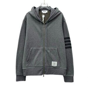 DM0138 Thom Browne Gray classic four-stripe cotton hooded zip-up sweatshirt